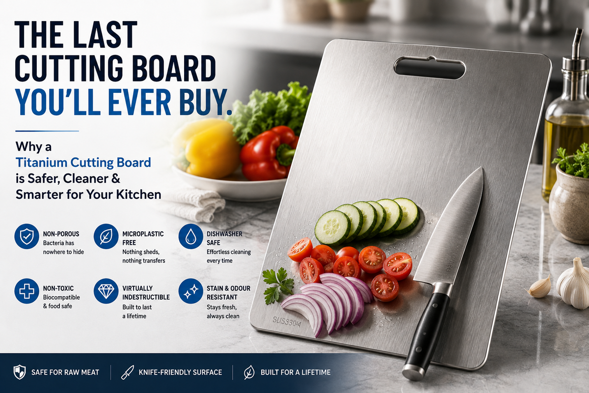 ProChef titanium cutting board going into a dishwasher rack alongside plates and bowls for easy cleaning
