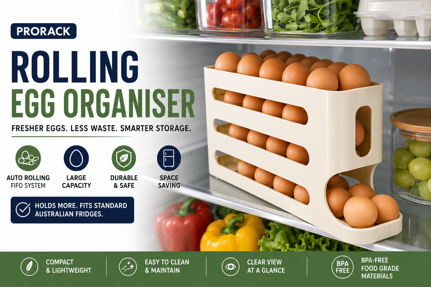 ProRack automatic egg dispenser fully loaded showing first-in first-out egg rotation system