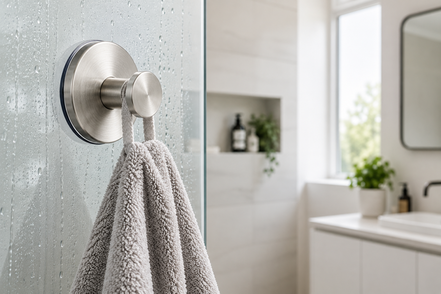 ProHook stainless steel suction towel hook mounted on a glass shower screen holding a white towel