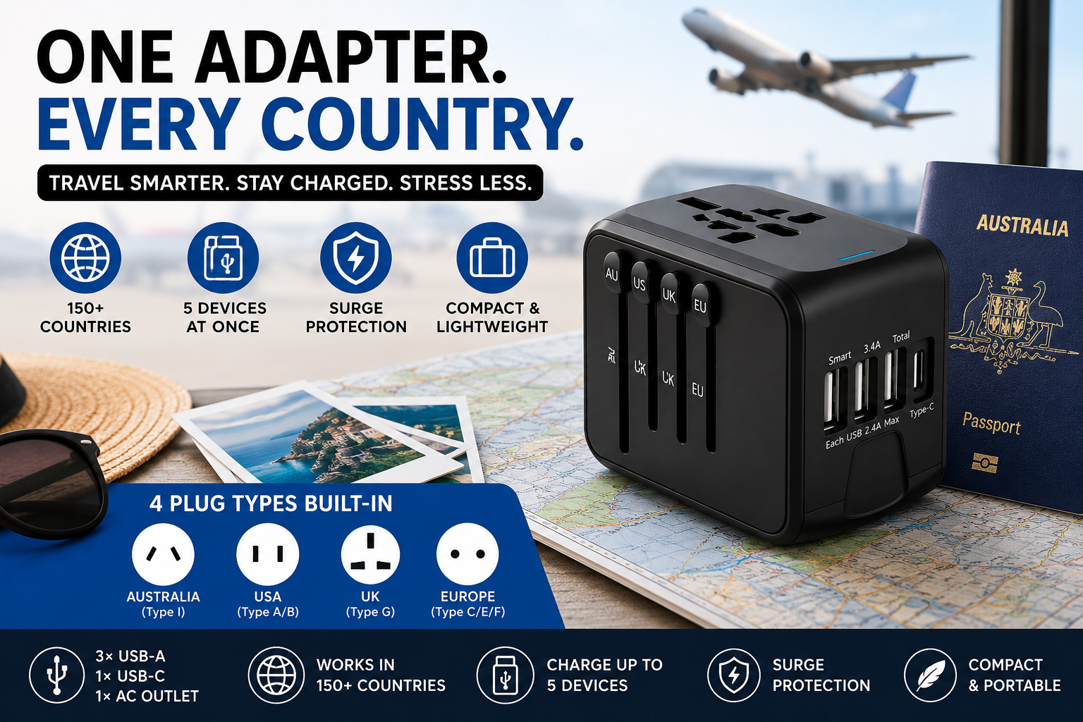 Universal Travel Adapter plugged into European wall outlet