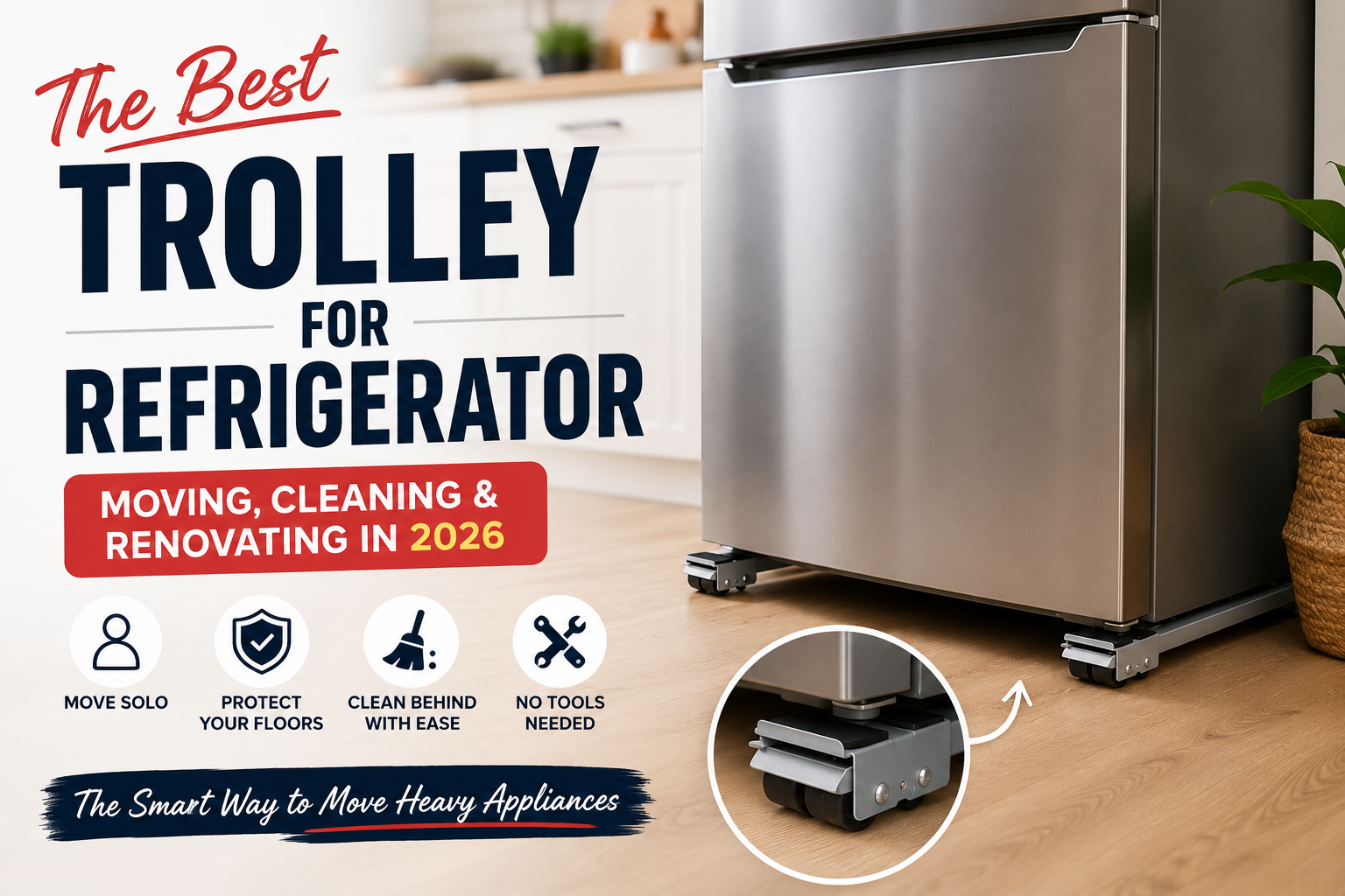 Trolley for refrigerator alternative — low-profile appliance rollers sitting under fridge feet