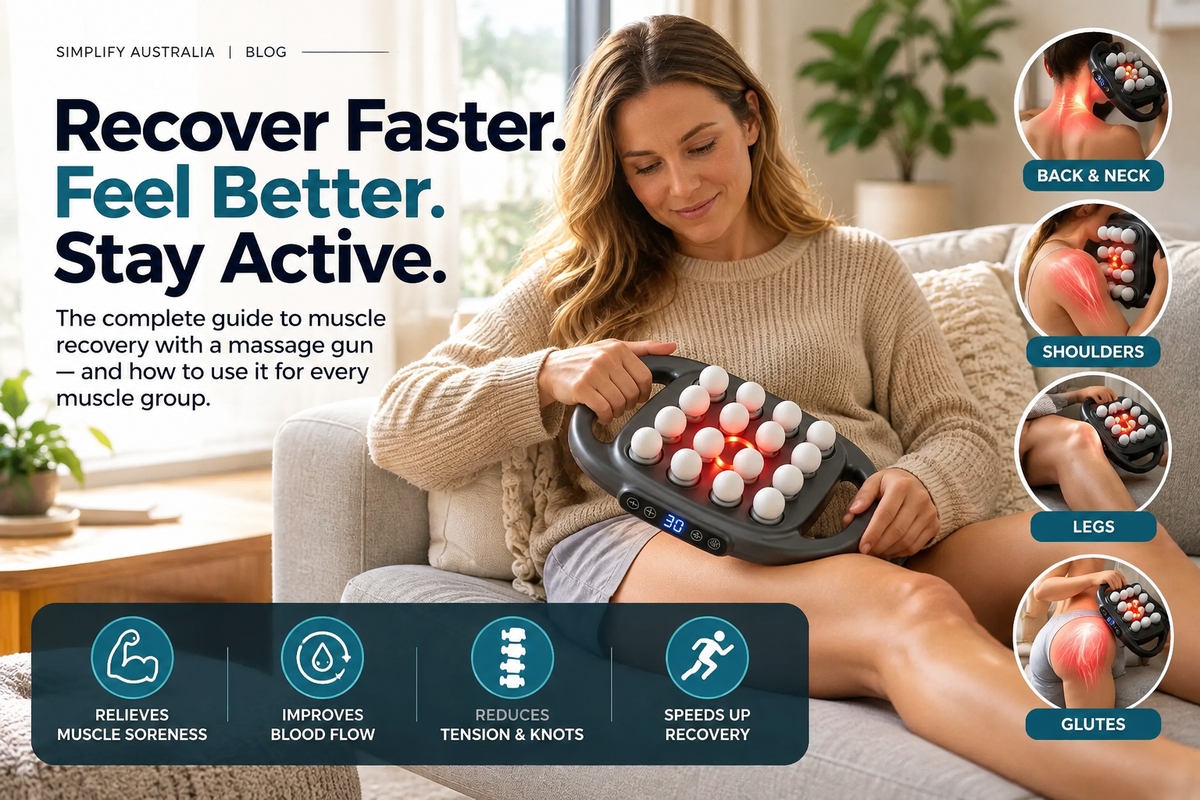 Woman using the ProRelax massage gun for sore muscles on her calf after a morning run in an Australian living room