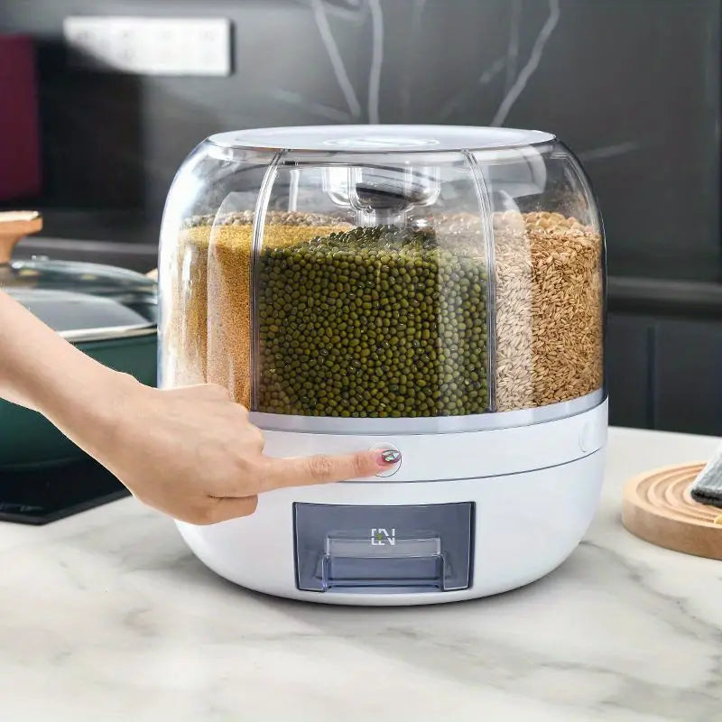 Airtight rotating food dispenser storing cereal, rice, and nuts