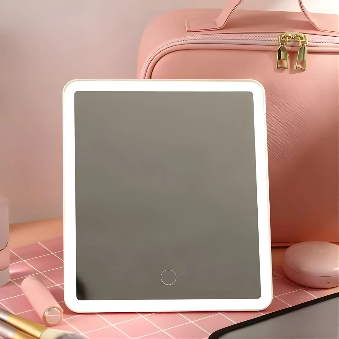 Portable makeup organiser with rechargeable LED mirror and travel storage case