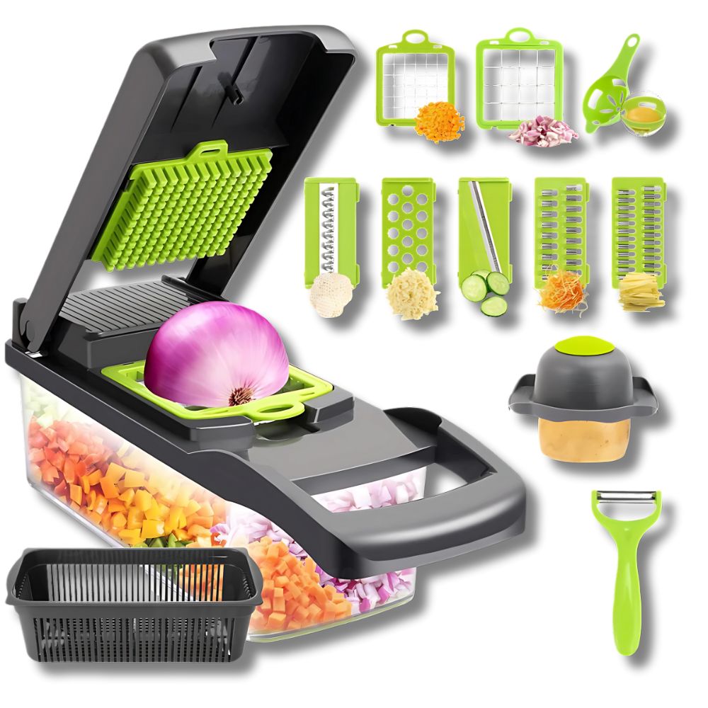 Multifunctional kitchen slicer with various attachments on a white background