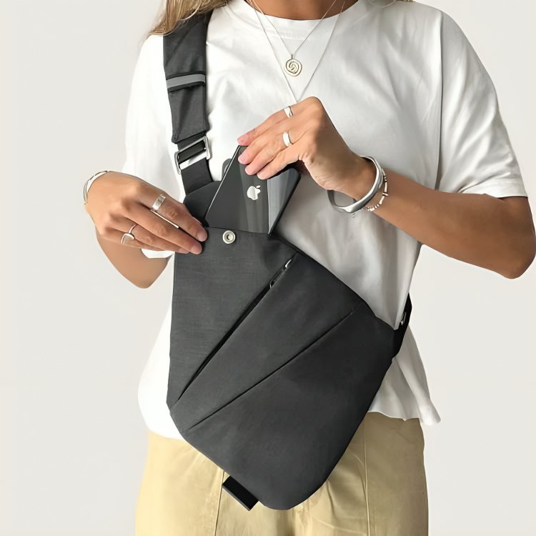 Secure shoulder bag with compartments for phone and wallet
