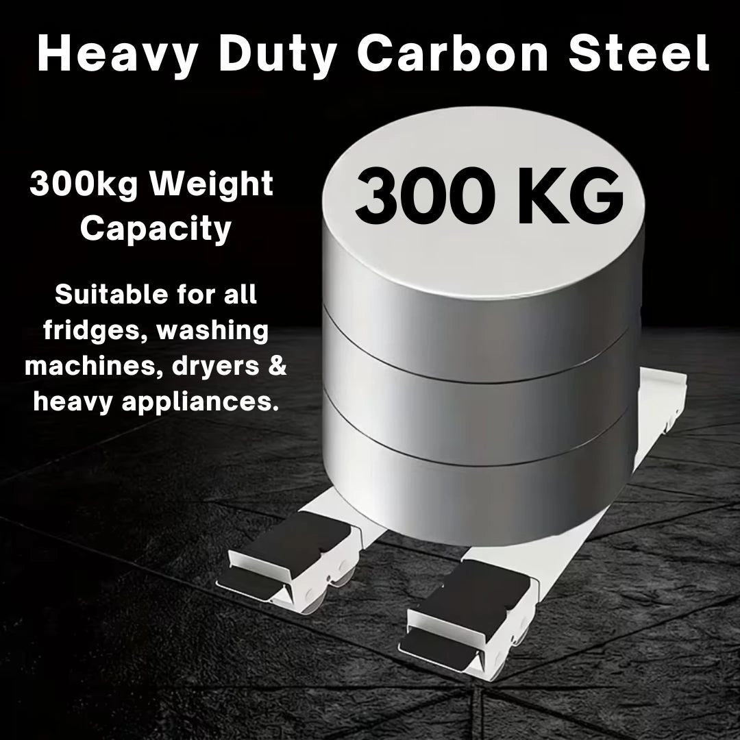 ProRoll heavy-duty steel appliance roller rated to 300kg supporting a fridge