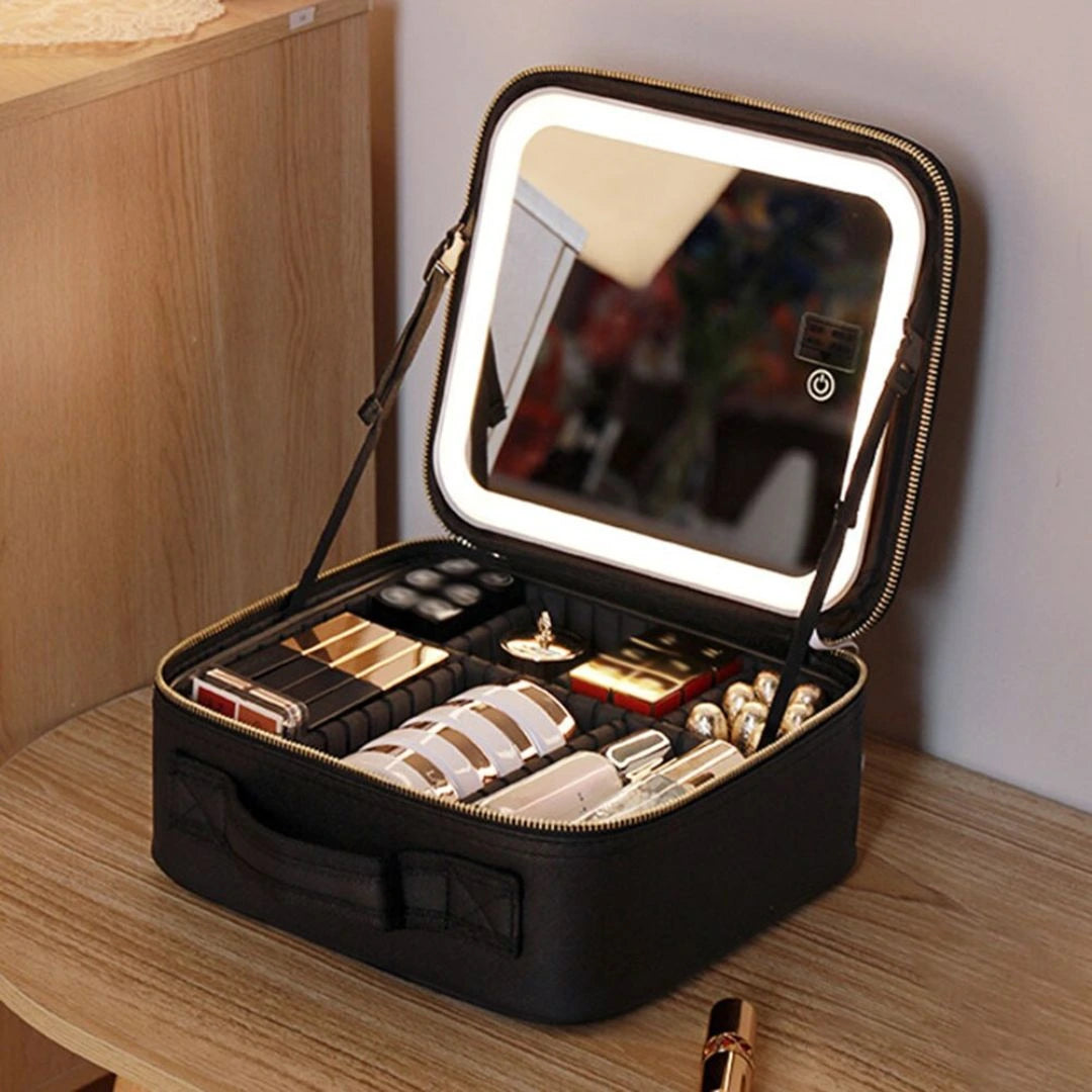 Portable makeup organiser with built in LED mirror for travel