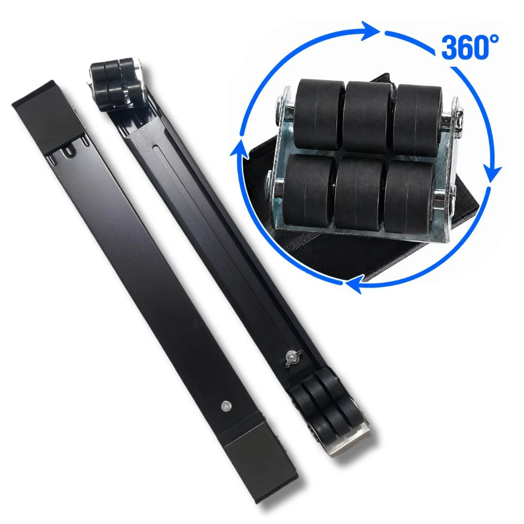 ProRoll Pivot adjustable appliance roller turning a white front-loader washing machine on timber floor