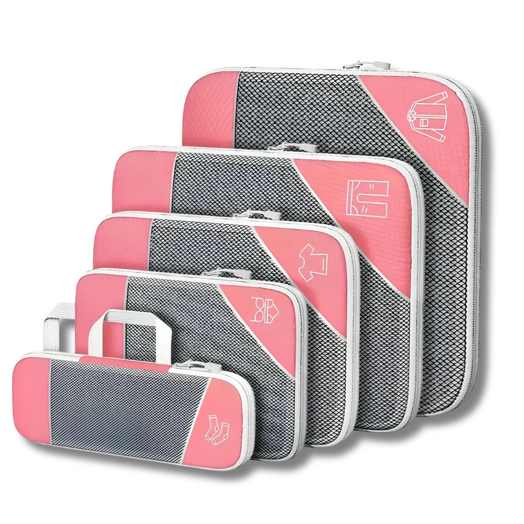 Family organising holiday luggage with reusable compression packing cubes for travel