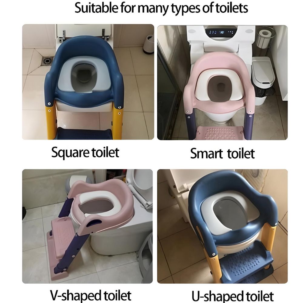 Blue and yellow potty training ladder with splash guard