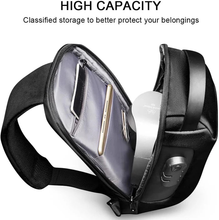 Interior compartments of Simplify Australia Anti-Theft Crossbody Charging Bag organised with essentials