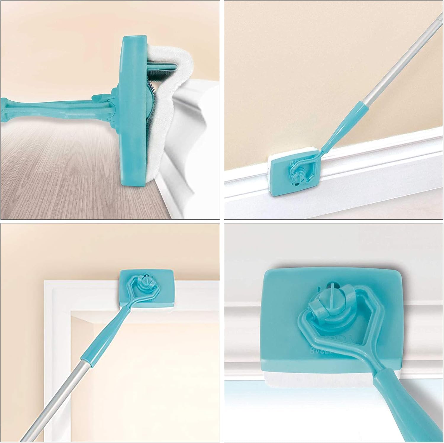 Baseboard cleaner tool with flexible swivel head reaching under furniture