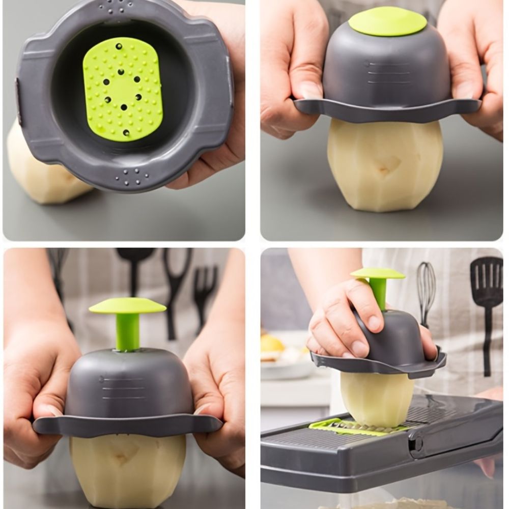 Collage of a potato peeler in use with a kitchen background.