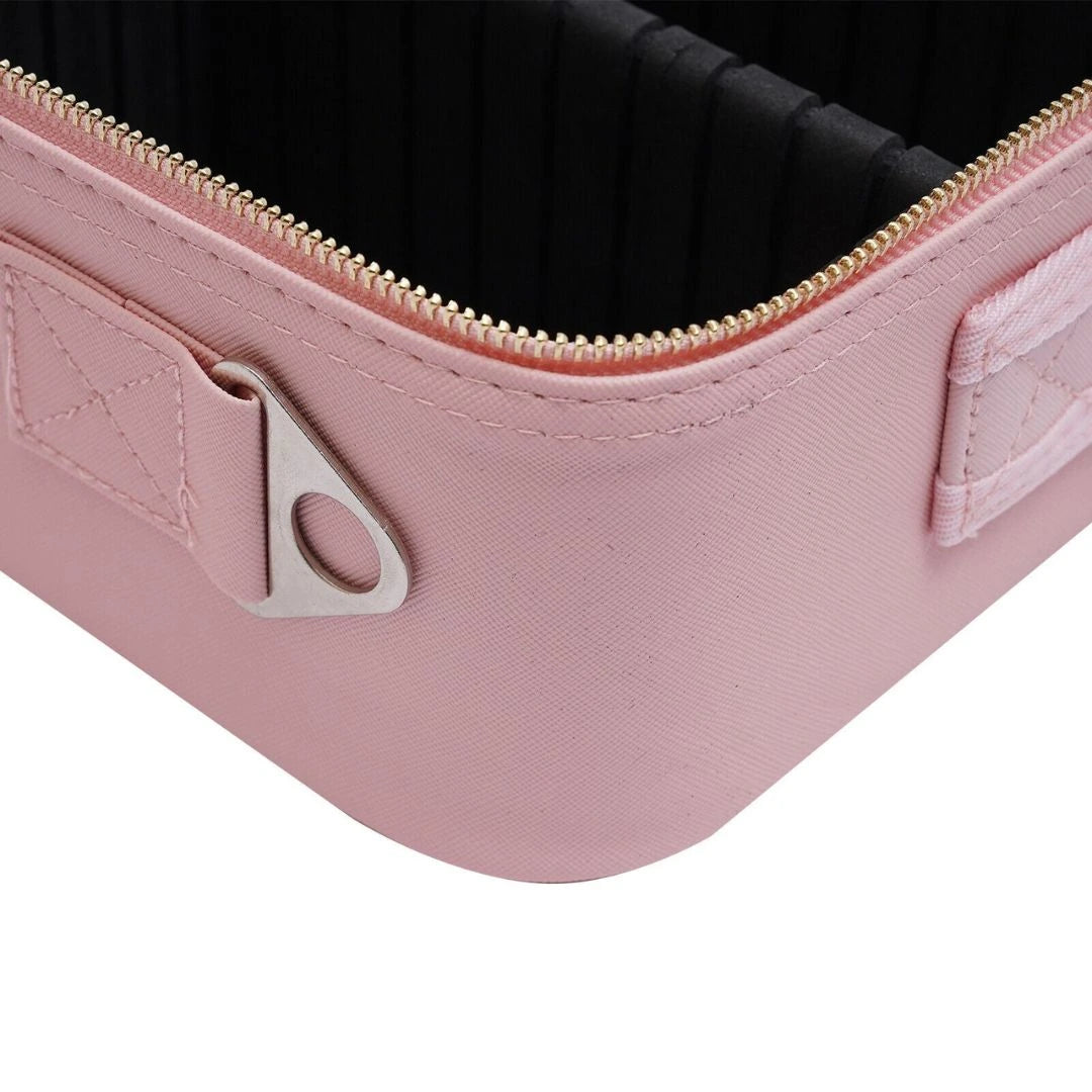 Makeup travel case with LED light mirror and organised beauty compartments