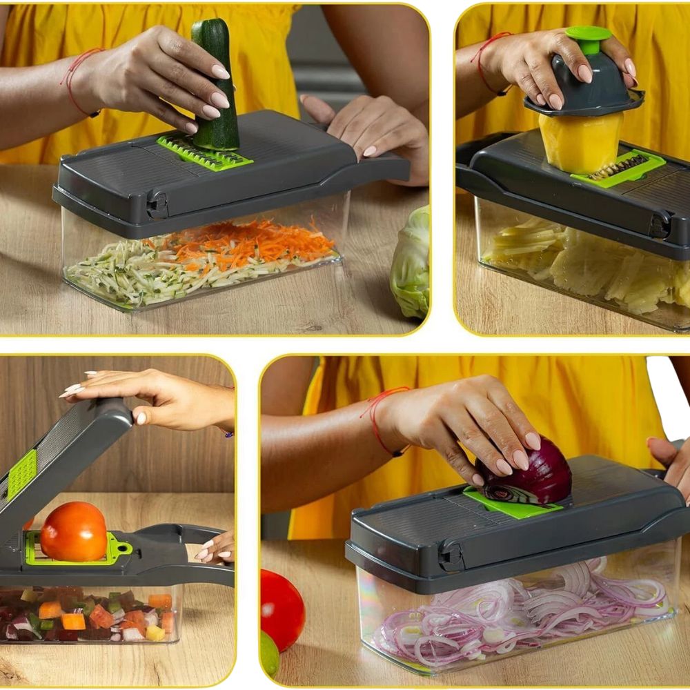 Multifunctional vegetable chopper being used to slice various vegetables on a wooden surface.