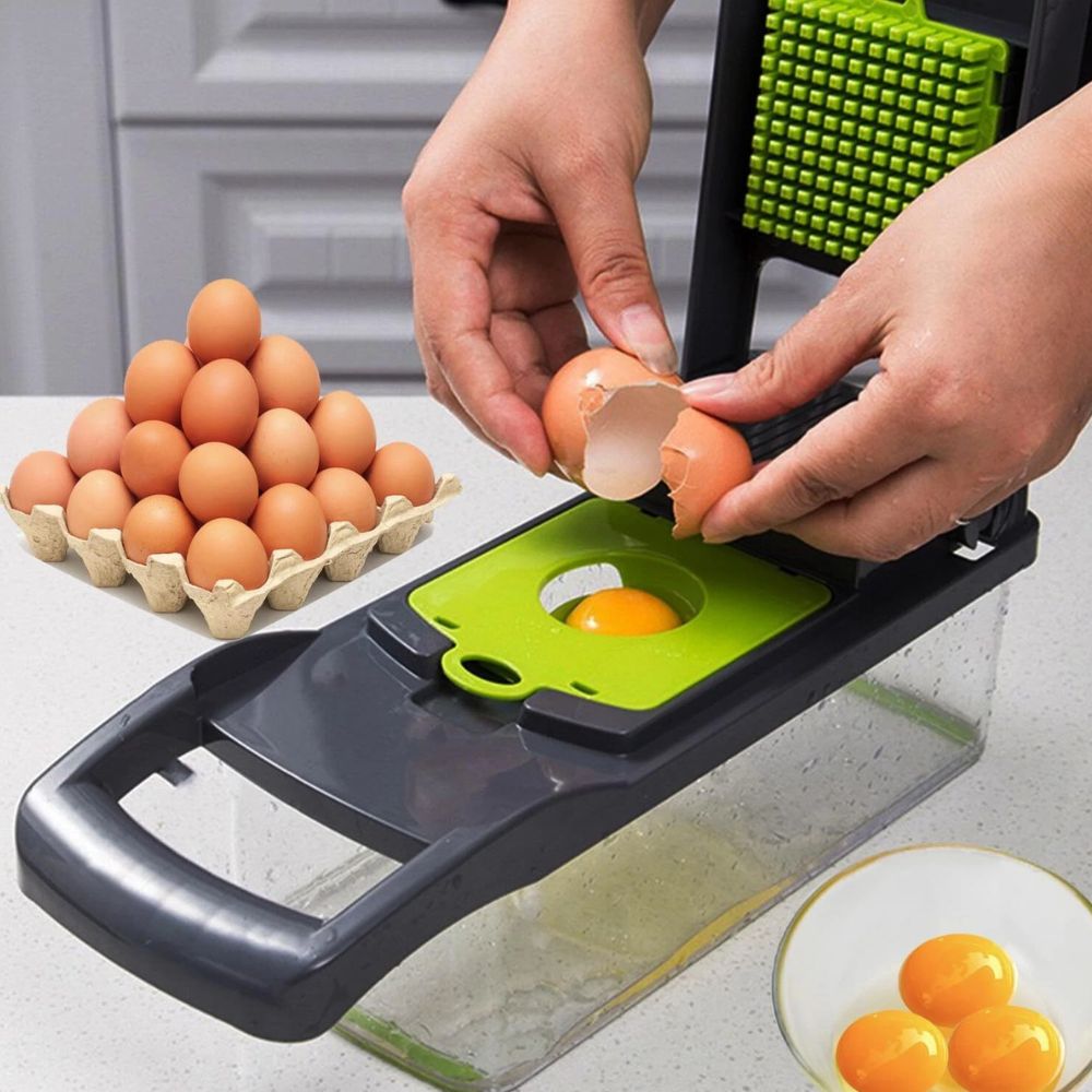 Person using an egg separator to separate eggs with a carton of eggs and a bowl of separated yolks in the background.
