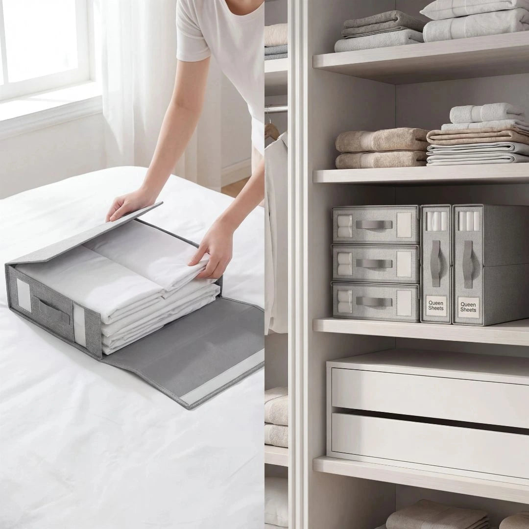 Bed sheet storage organiser for fitted sheets, flat sheets and pillowcases