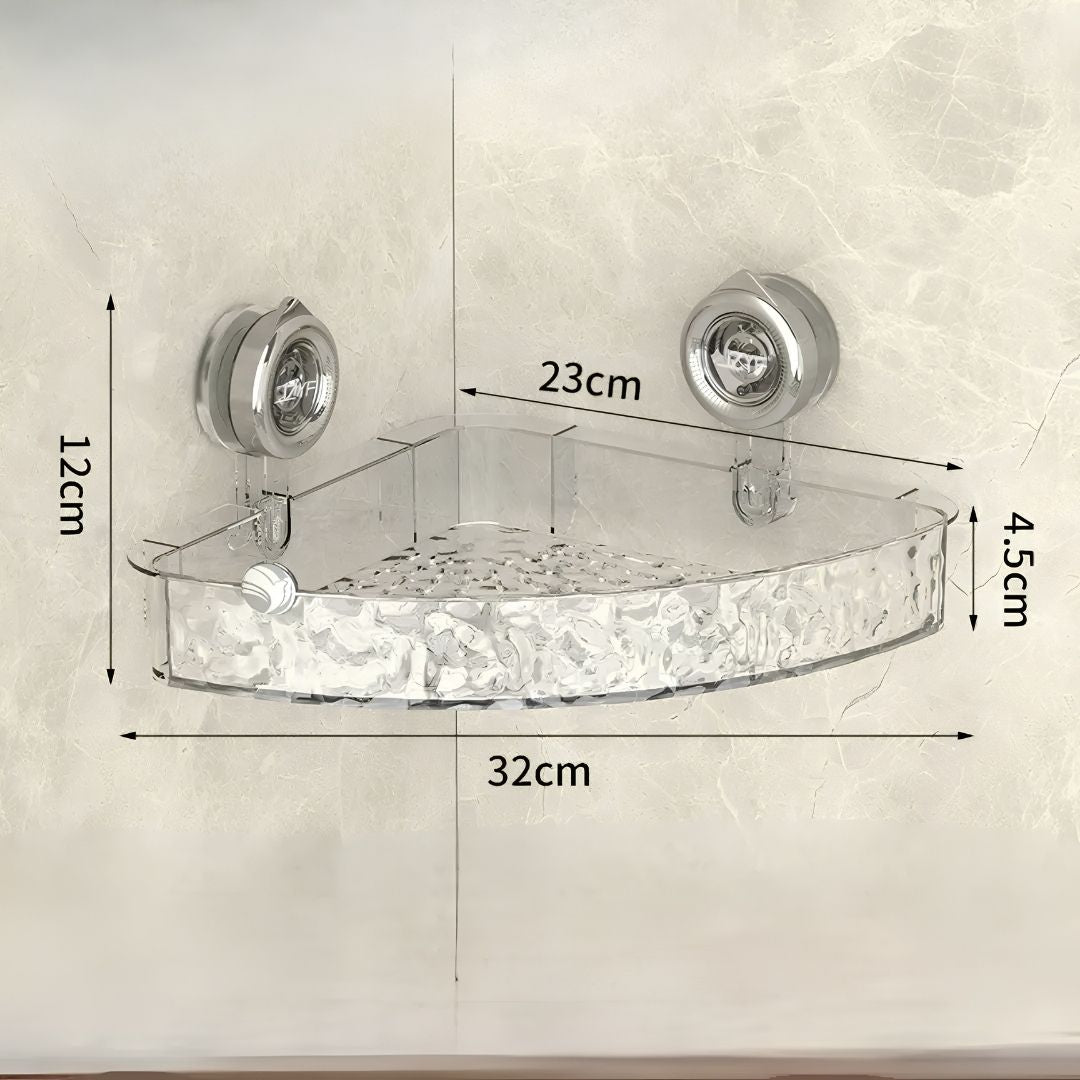 Corner shower caddy with powerful suction holding firm on smooth surfaces