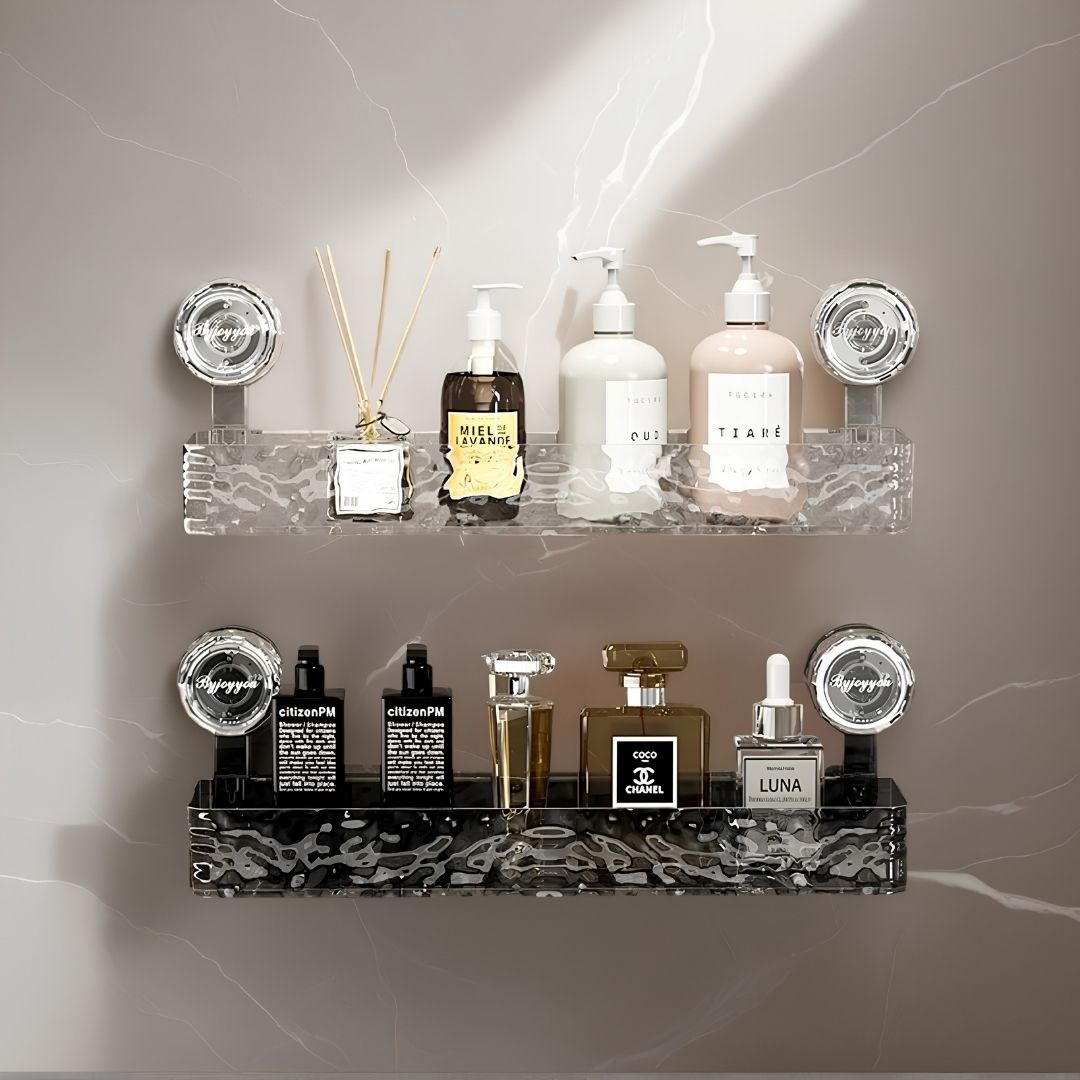 Corner shower storage shelf creating 60 percent more usable bathroom space