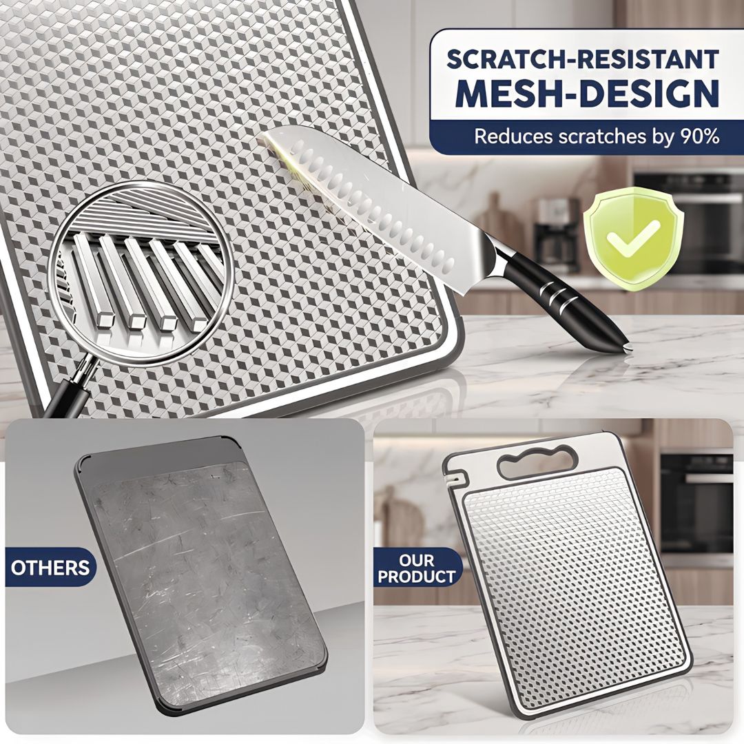 Double sided chopping board separating meat and vegetable preparation safely