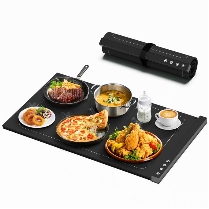 Electric rollable warming mat providing even heat distribution under serving plates