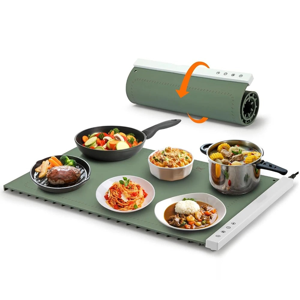 Energy efficient food warming mat plugged in at family gathering buffet table