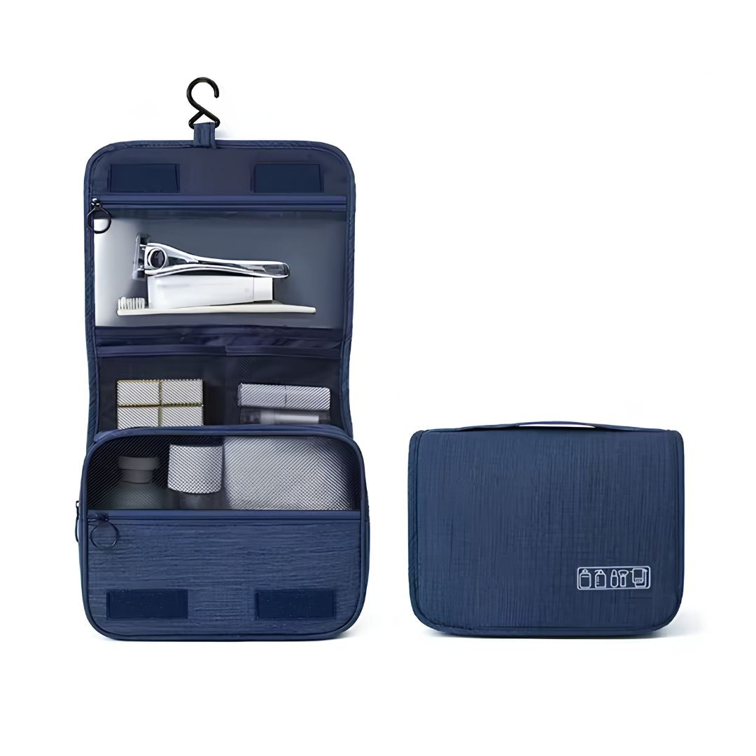 Hanging toiletry bag zipped shut ready for travel