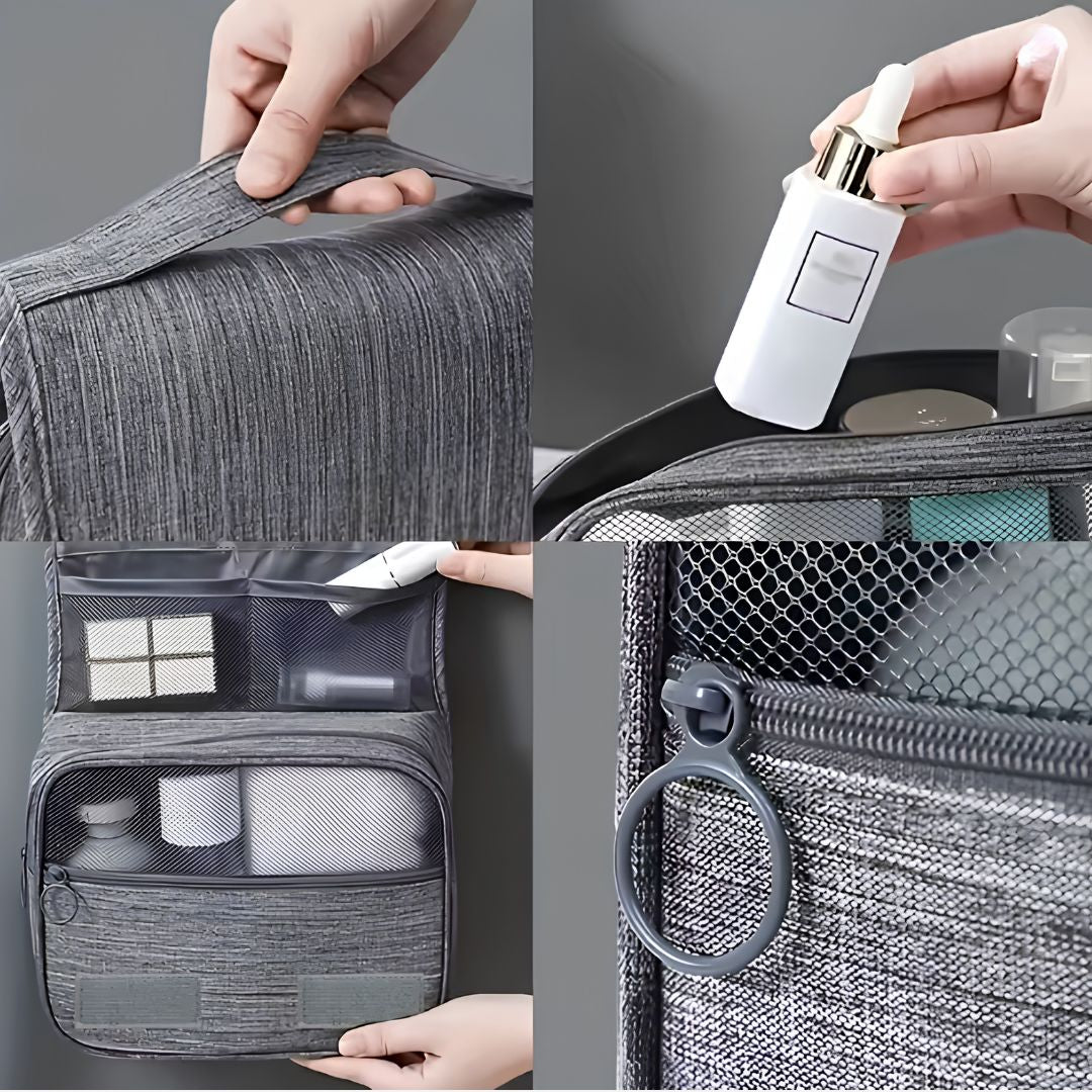 Hanging travel wash bag packed with skincare and cosmetics