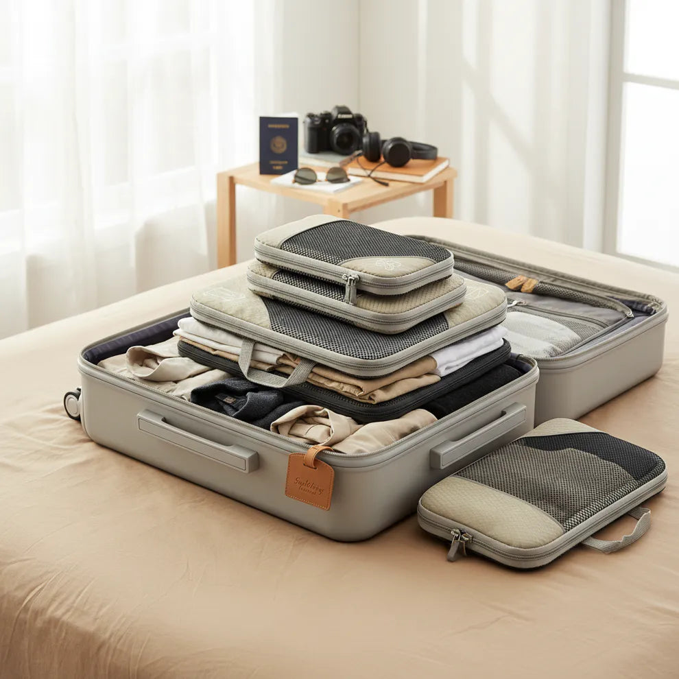 Compression packing cubes for travel with breathable mesh panels and durable zippers