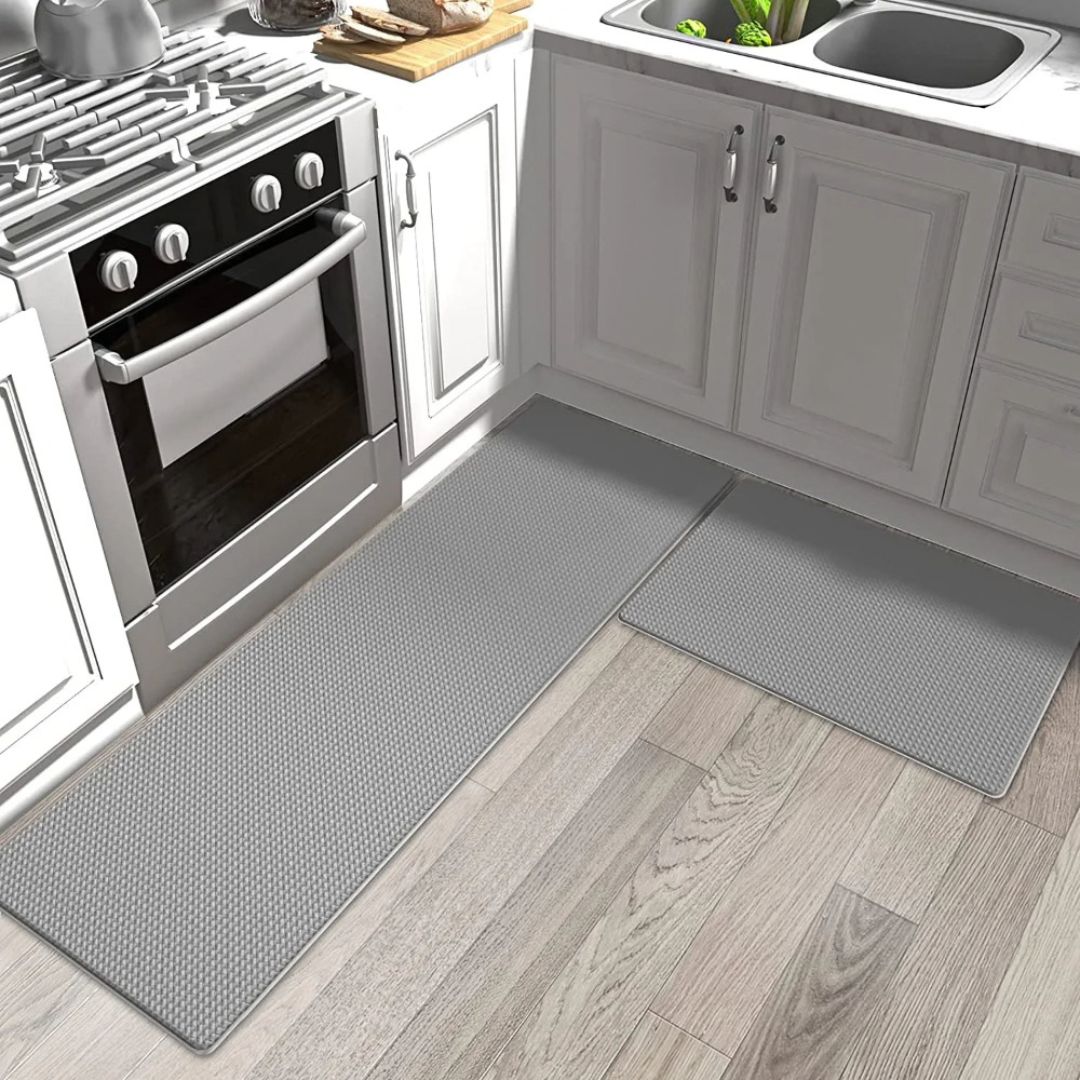 Kitchen floor mat with 8mm thick cushioning for standing comfort while cooking