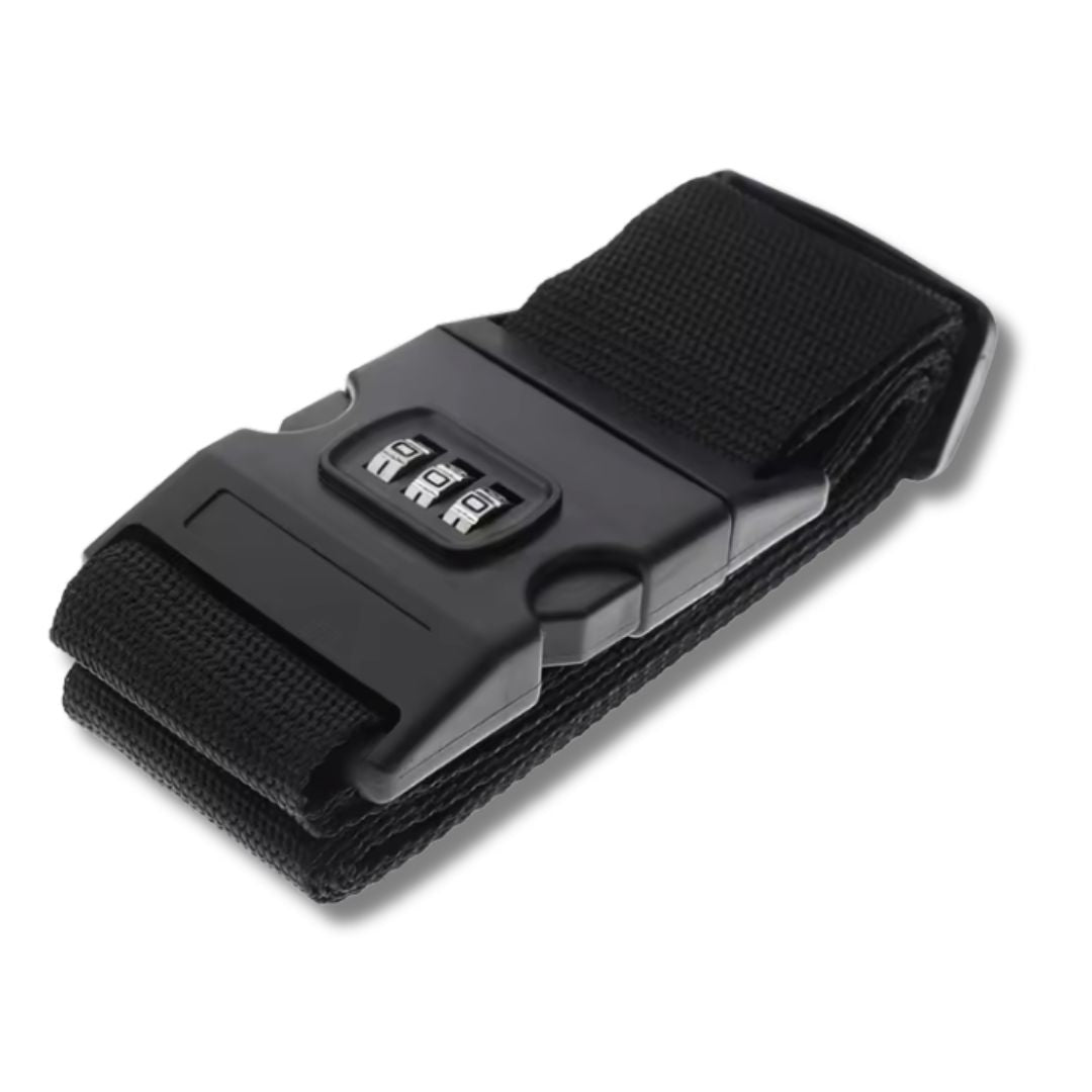 Luggage straps with combination lock wrapped around suitcase