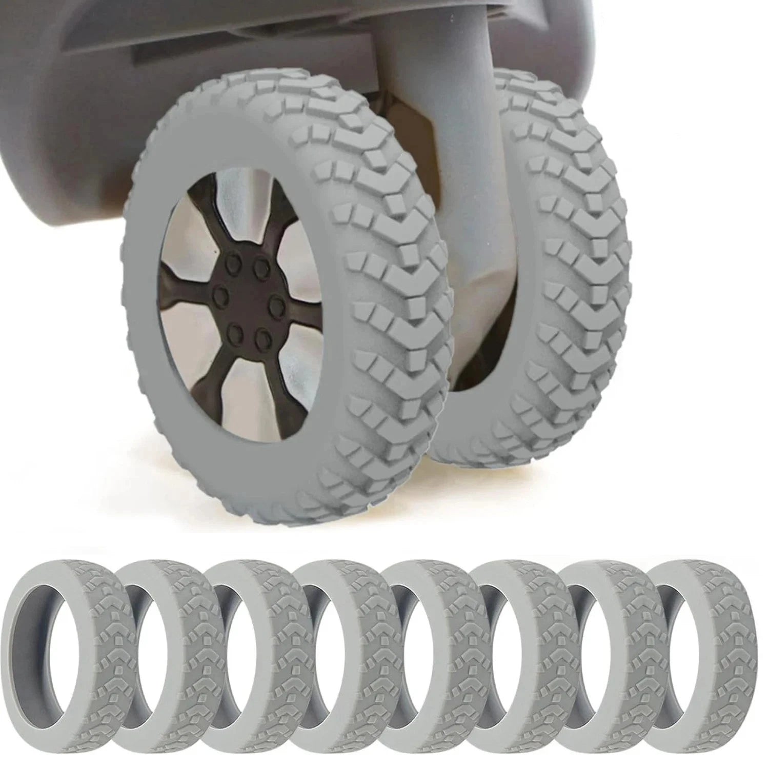 Luggage wheel guards protecting suitcase from kerb damage