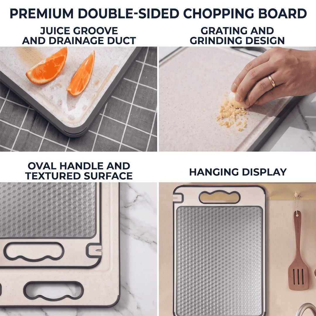 ProChef cutting board hanging on kitchen wall hook by oval handle storage