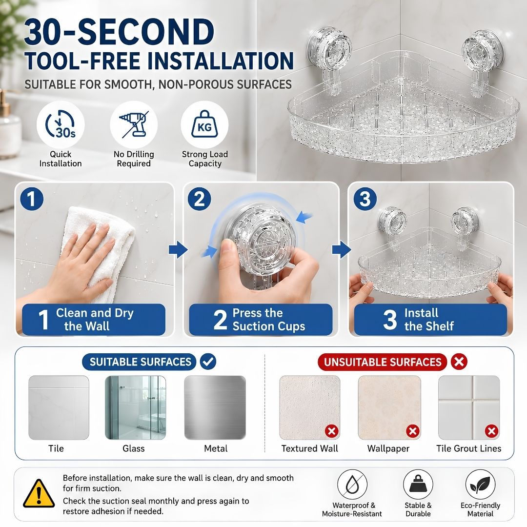 ProGrip suction shelf on glass shower screen creating instant storage space