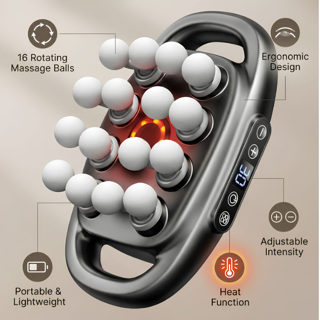 ProRelax neck massager gun targeting tight muscles after long day at desk