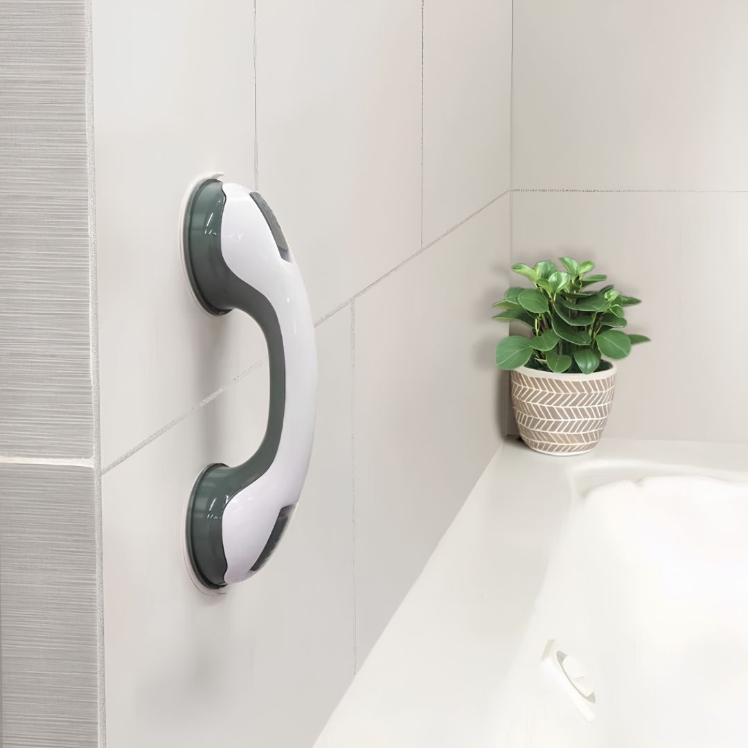 Removable bathroom safety handle with locking suction cups leaving no wall damage