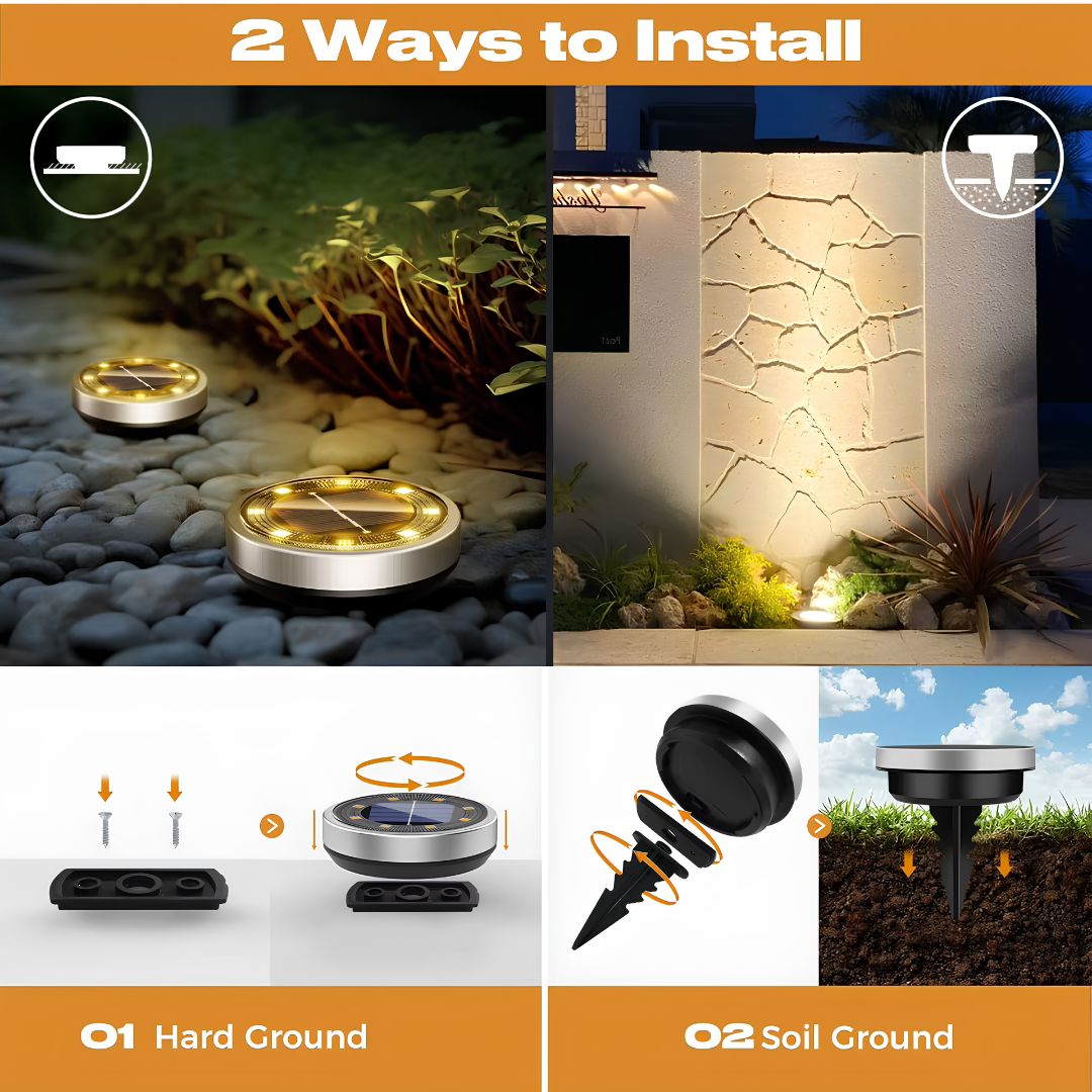 Solar powered ground lights with spike pushed into soil on pathway