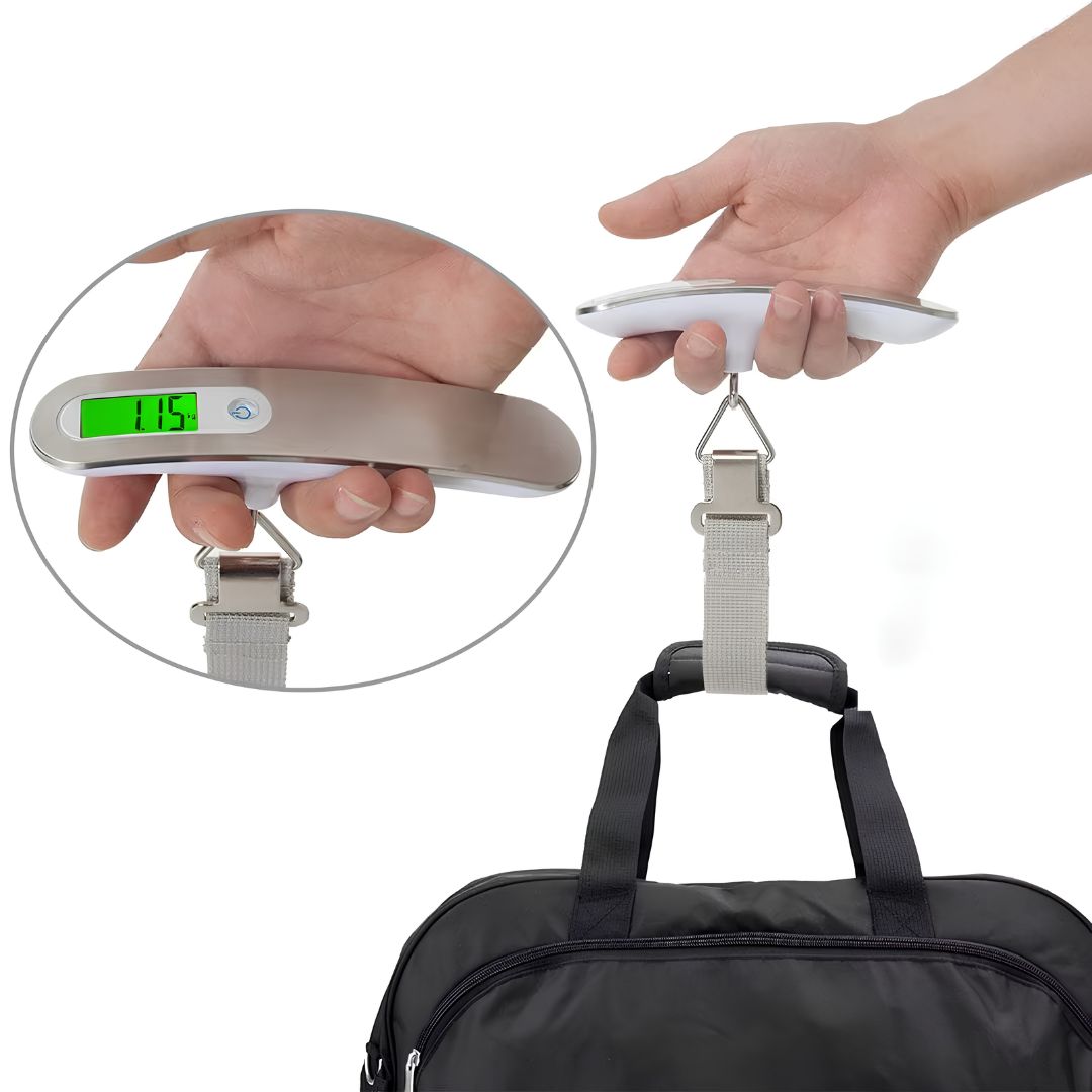 Travel luggage scale weighing carry-on bag before flight