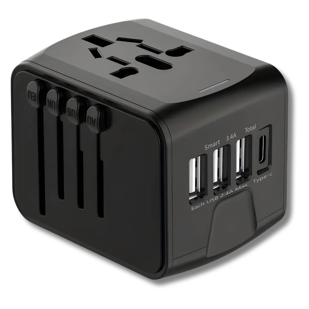 International travel adapter for charging phones, tablets and travel devices overseas