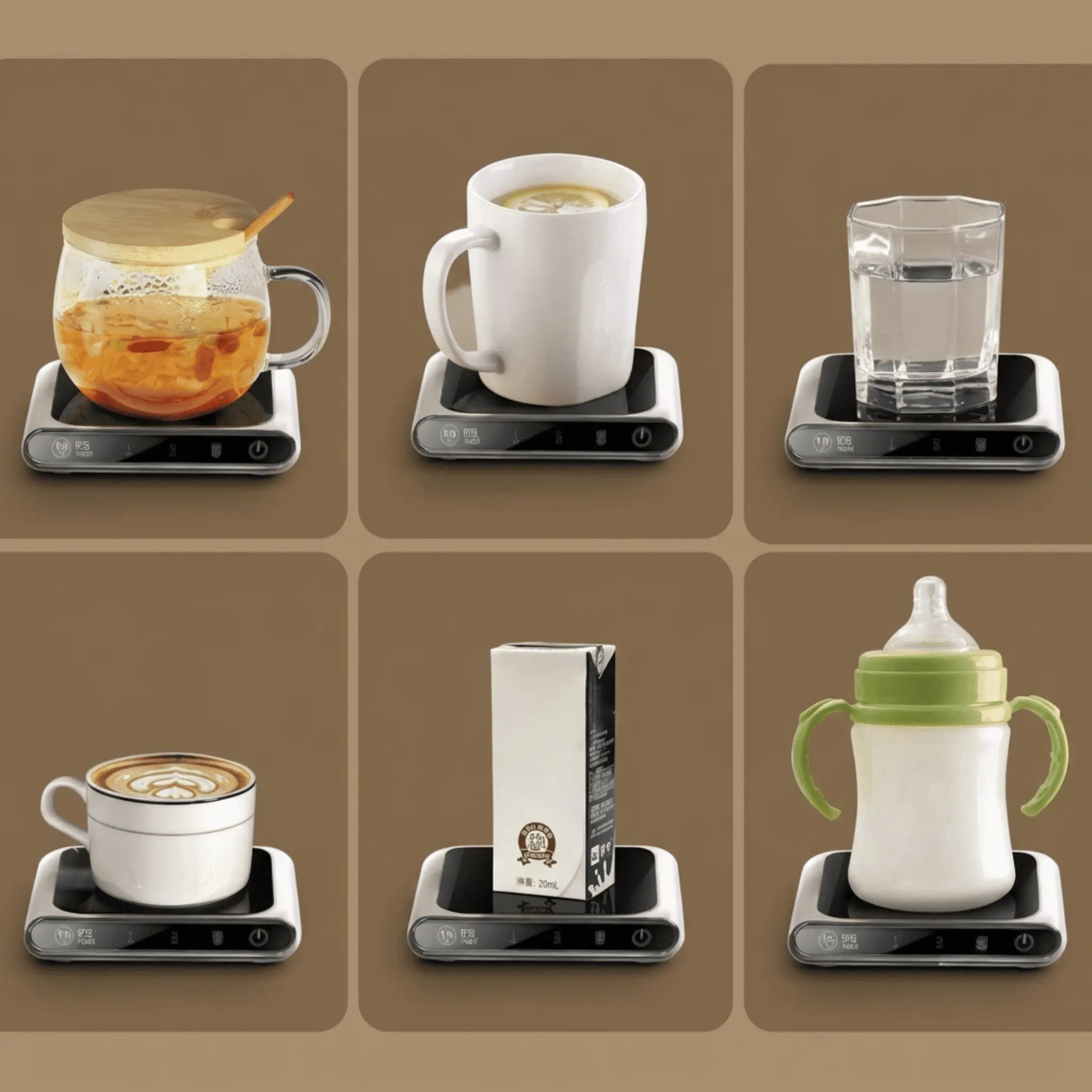 USB mug warmer with touch controls and LED indicator lights on desk