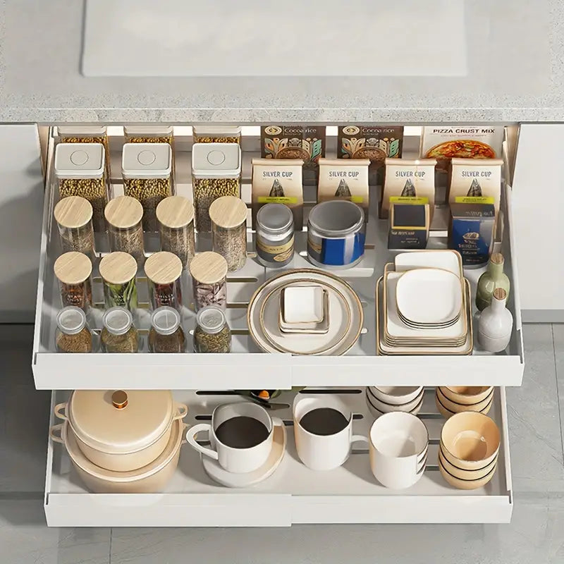 Under sink pull out organiser with smooth glide rail for instant access