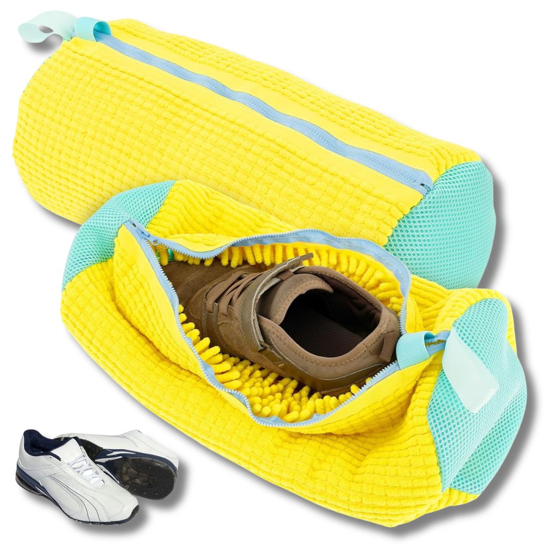 ProWash shoe protection bag with white sneakers inside ready for washing machine