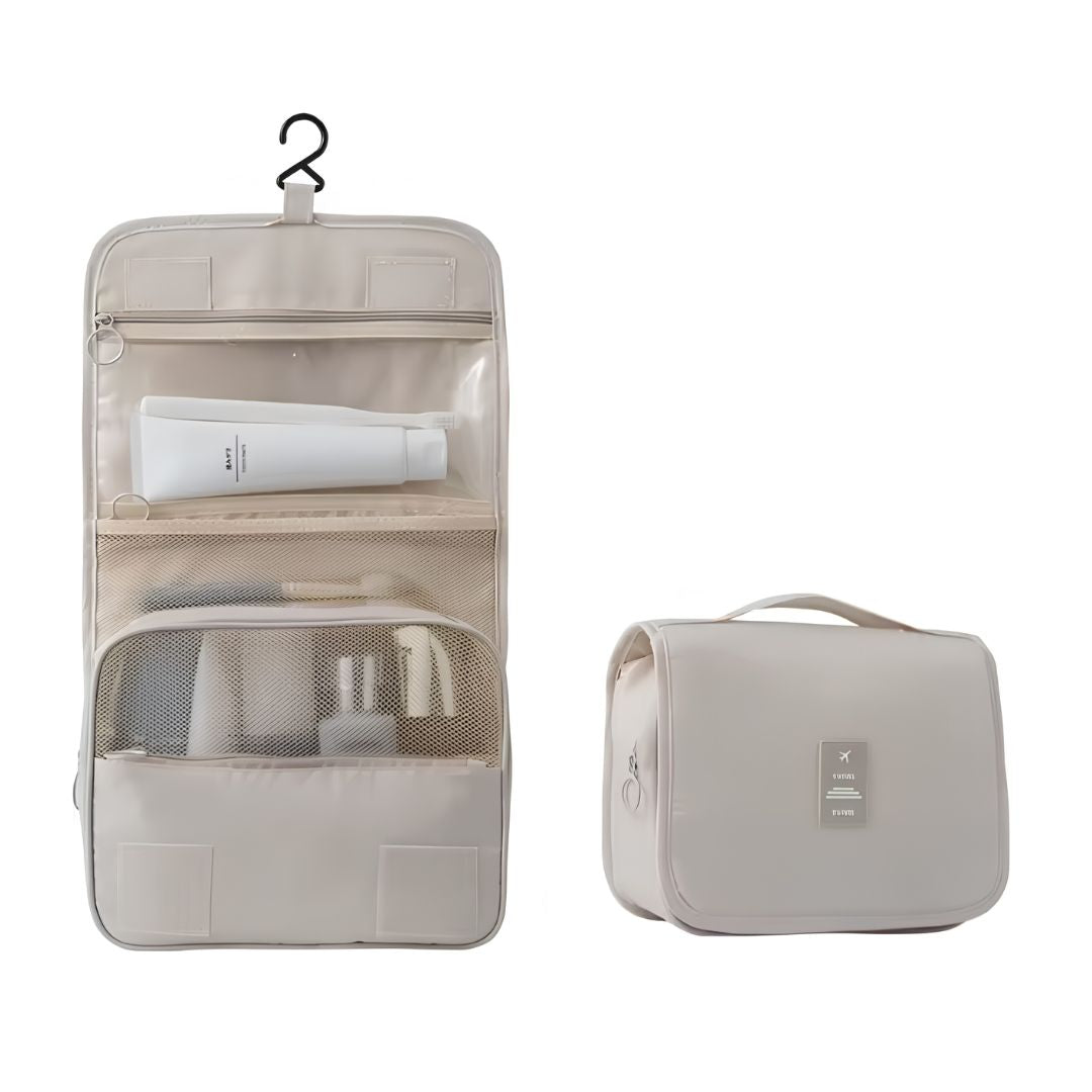 Waterproof hanging toiletry organiser expanded to full size