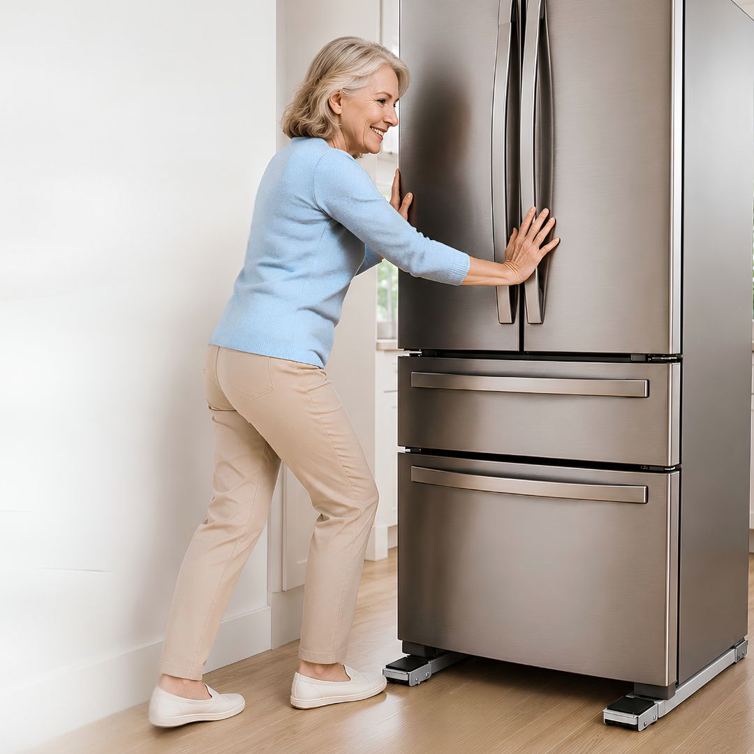 Woman effortlessly moving a large fridge on an adjustable appliance roller base with locking wheels