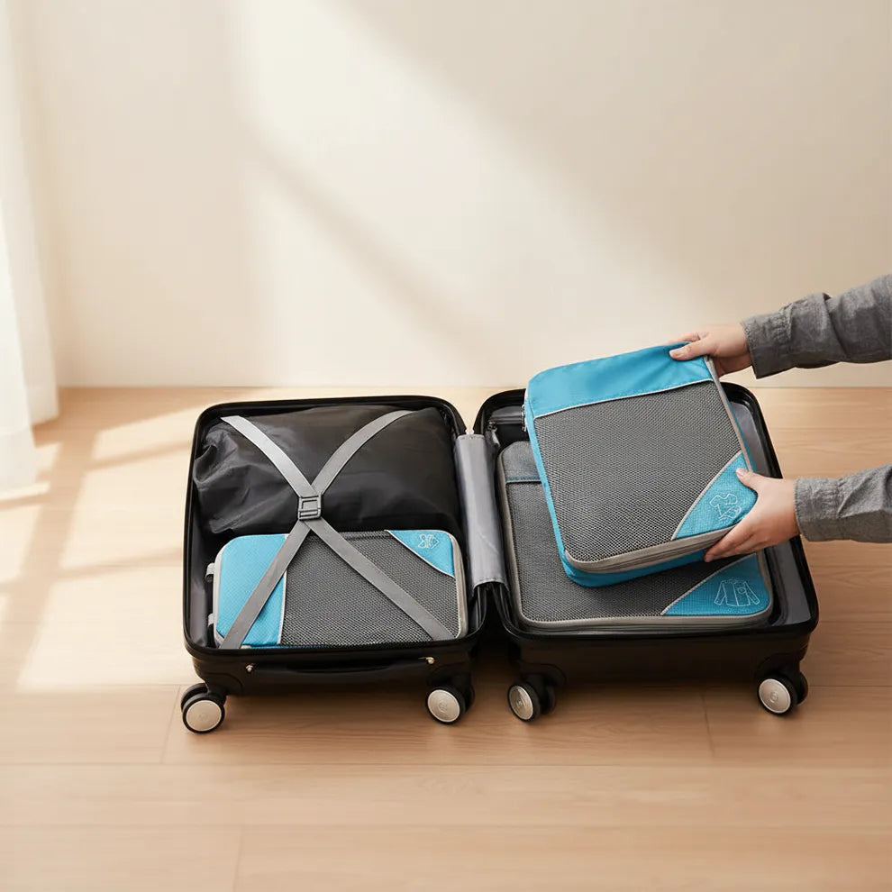 Five-piece travel packing cubes set for organising clothes, shoes and luggage