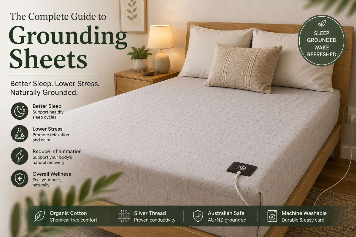EarthEase Organic Grounding Sheet by Simplify Australia neatly folded with grounding cord displayed on white background