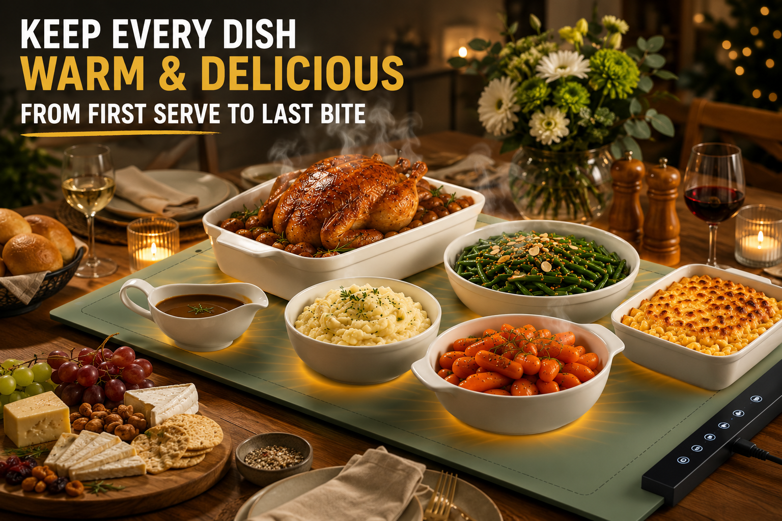 Family Christmas lunch spread sitting on a food warming tray alternative — the ProHeat rollable warming mat