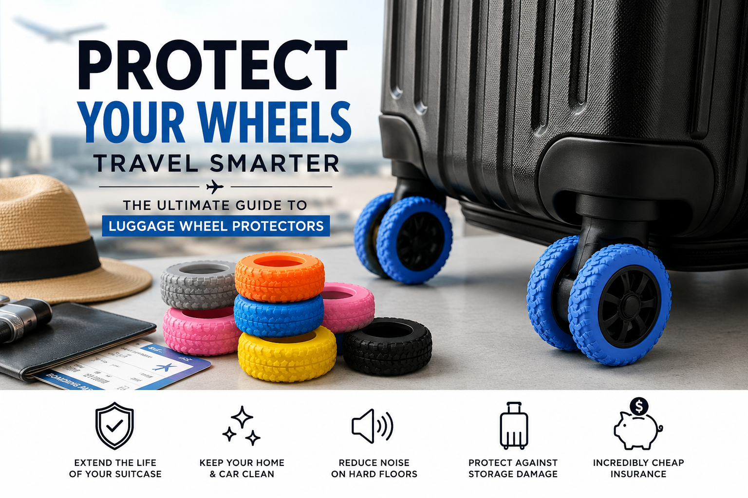 Luggage Wheel Protectors 8 pack laid out next to suitcase