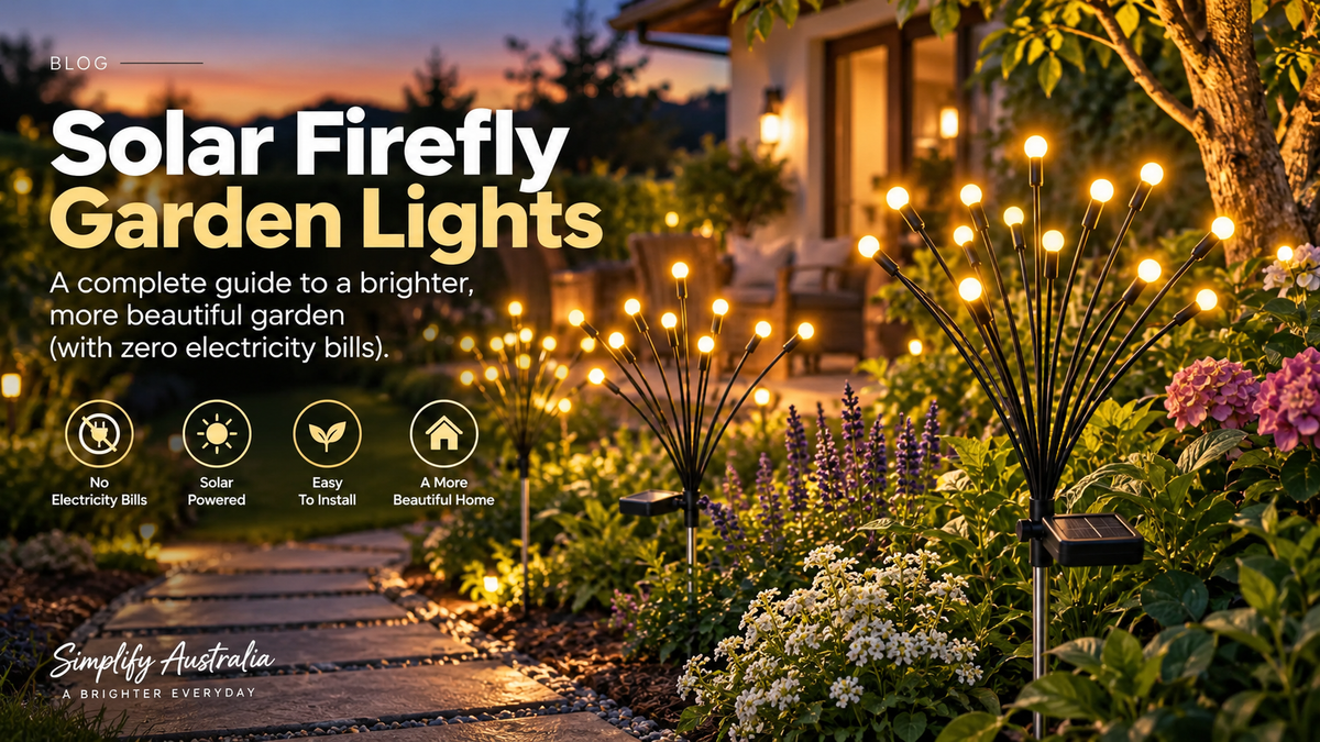 NightGlow Solar Firefly Garden Lights by Simplify Australia — solar panel and LED wire stems displayed on white background